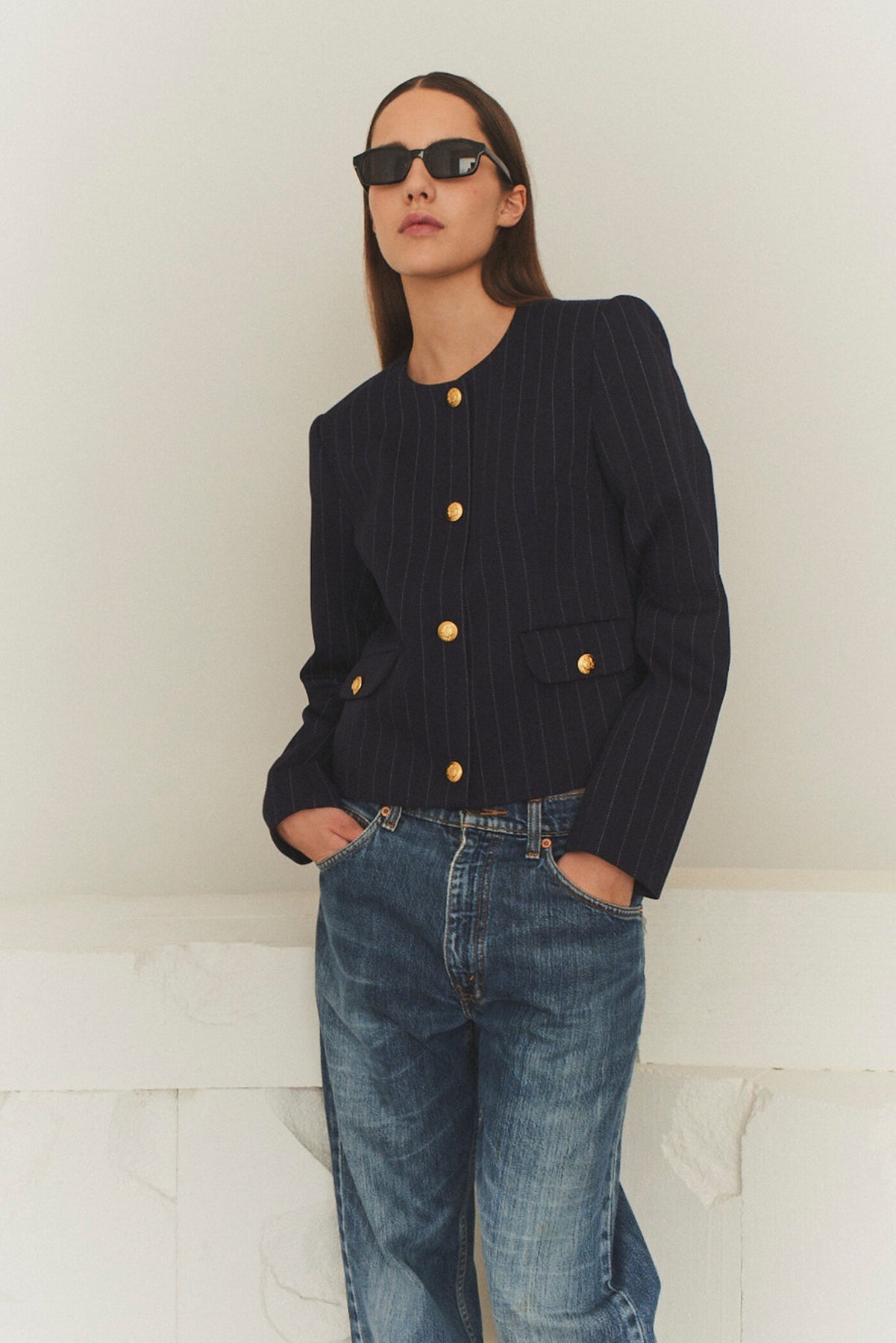 Zoe Pocket Jacket - Navy/White Pinstripe