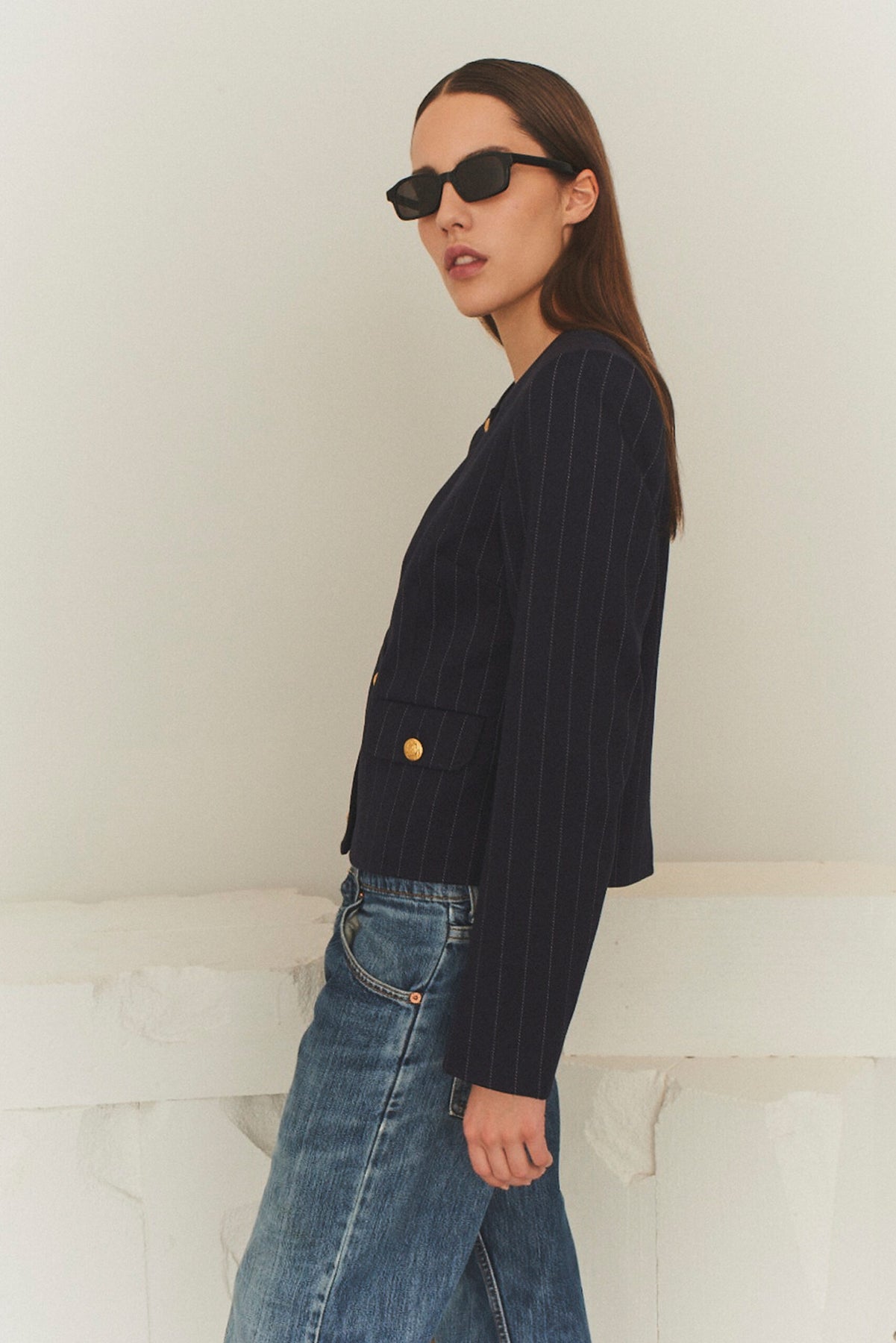 Zoe Pocket Jacket - Navy/White Pinstripe