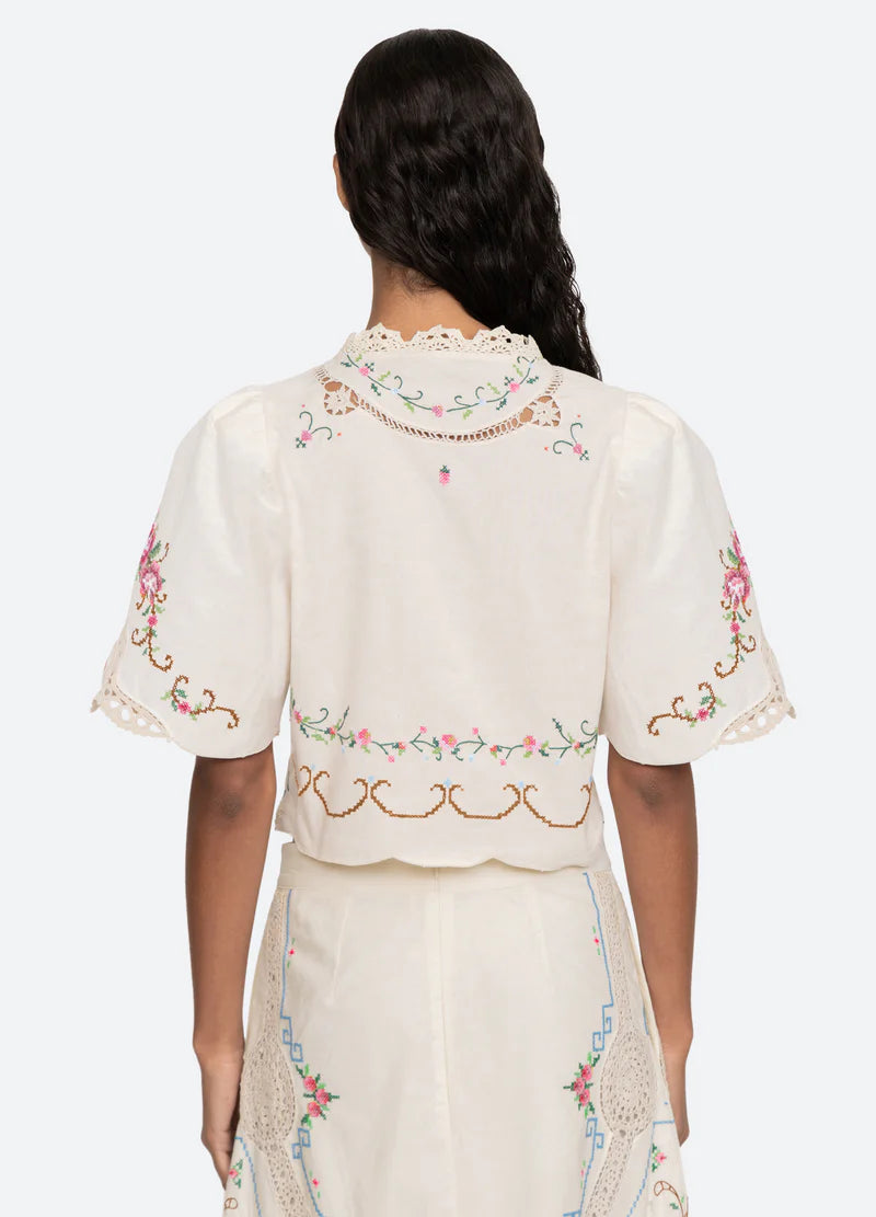 Edwina Embroidery S/Slv Tie Front Top - White