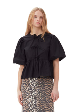 Cotton Poplin Peplum Blouse - Black