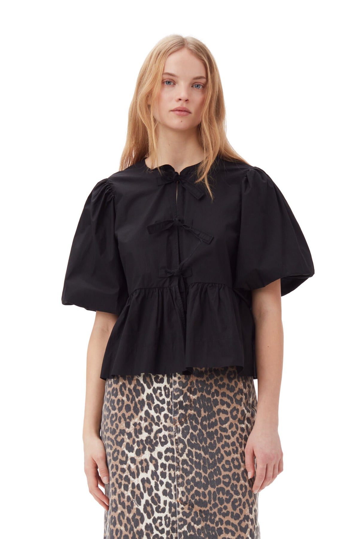 Cotton Poplin Peplum Blus - Svart