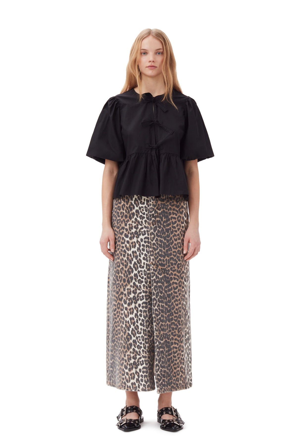Cotton Poplin Peplum Blus - Svart