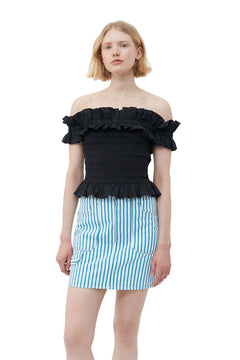 Cotton Poplin Off-Shoulder Smock Top - Black