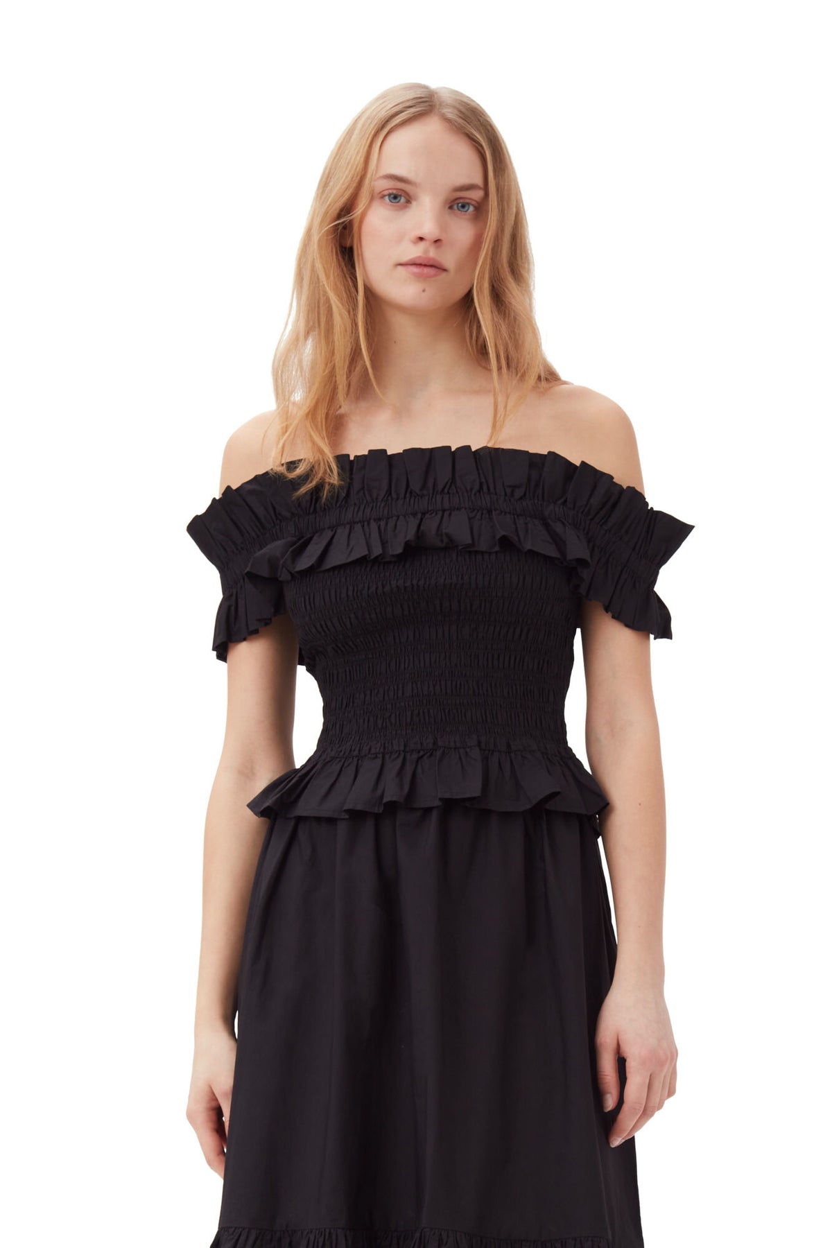 Cotton Poplin Off-Shoulder Smock Top - Svart