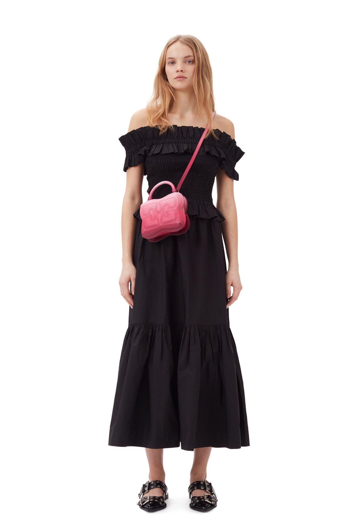 Cotton Poplin Off-Shoulder Smock Top - Svart
