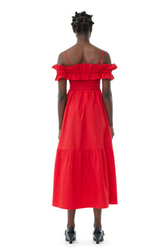 Cotton Poplin Long Smock Dress - Racing Red