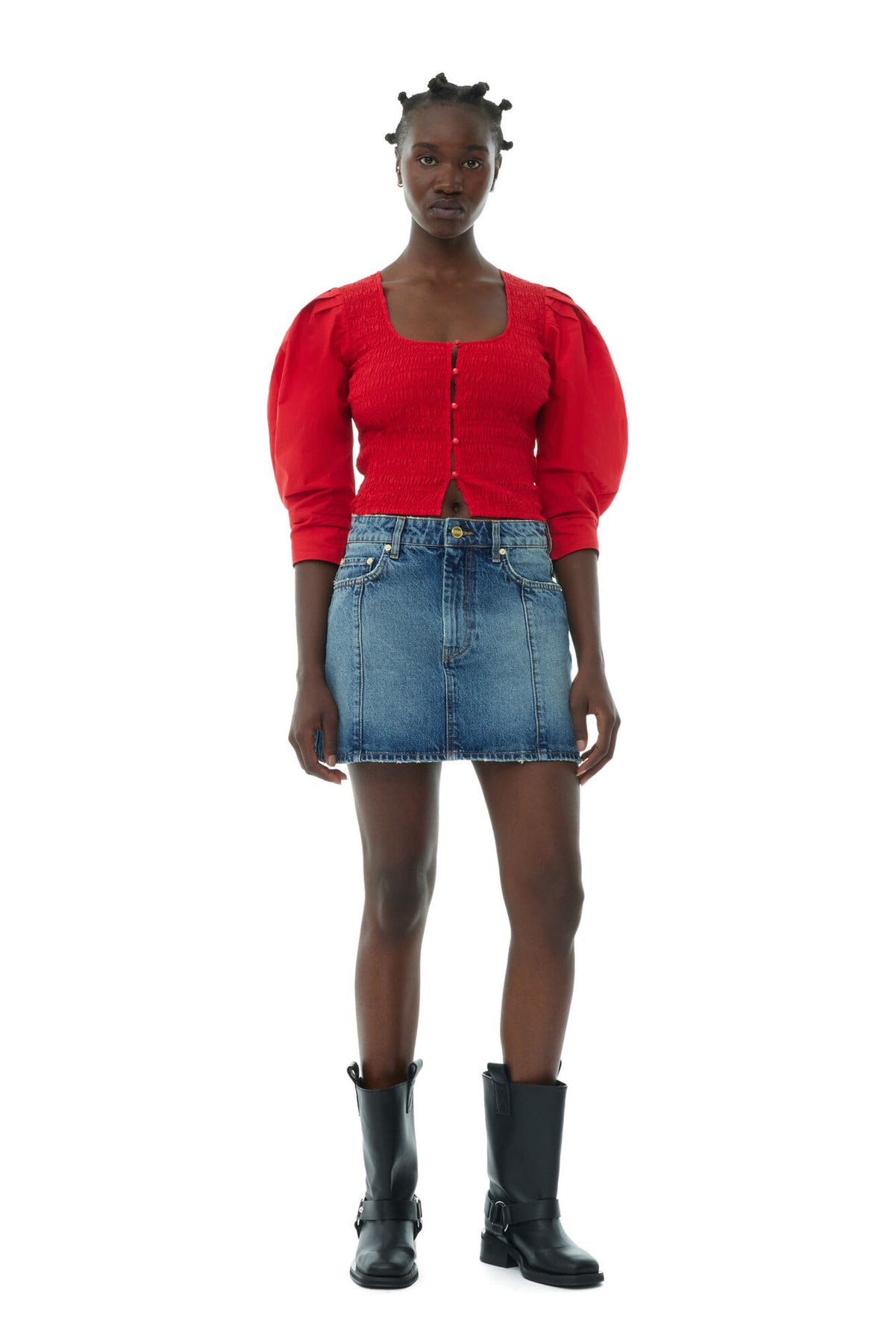 Cotton Poplin Smock Blouse - Racing Red