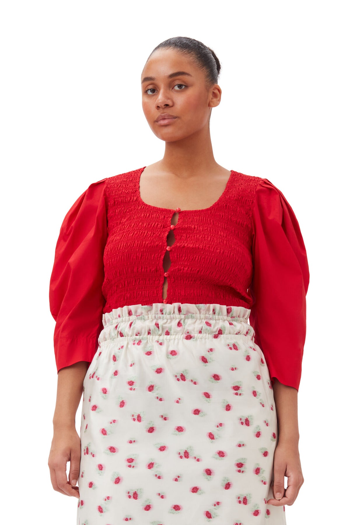 Cotton Poplin Smock Blouse - Racing Red