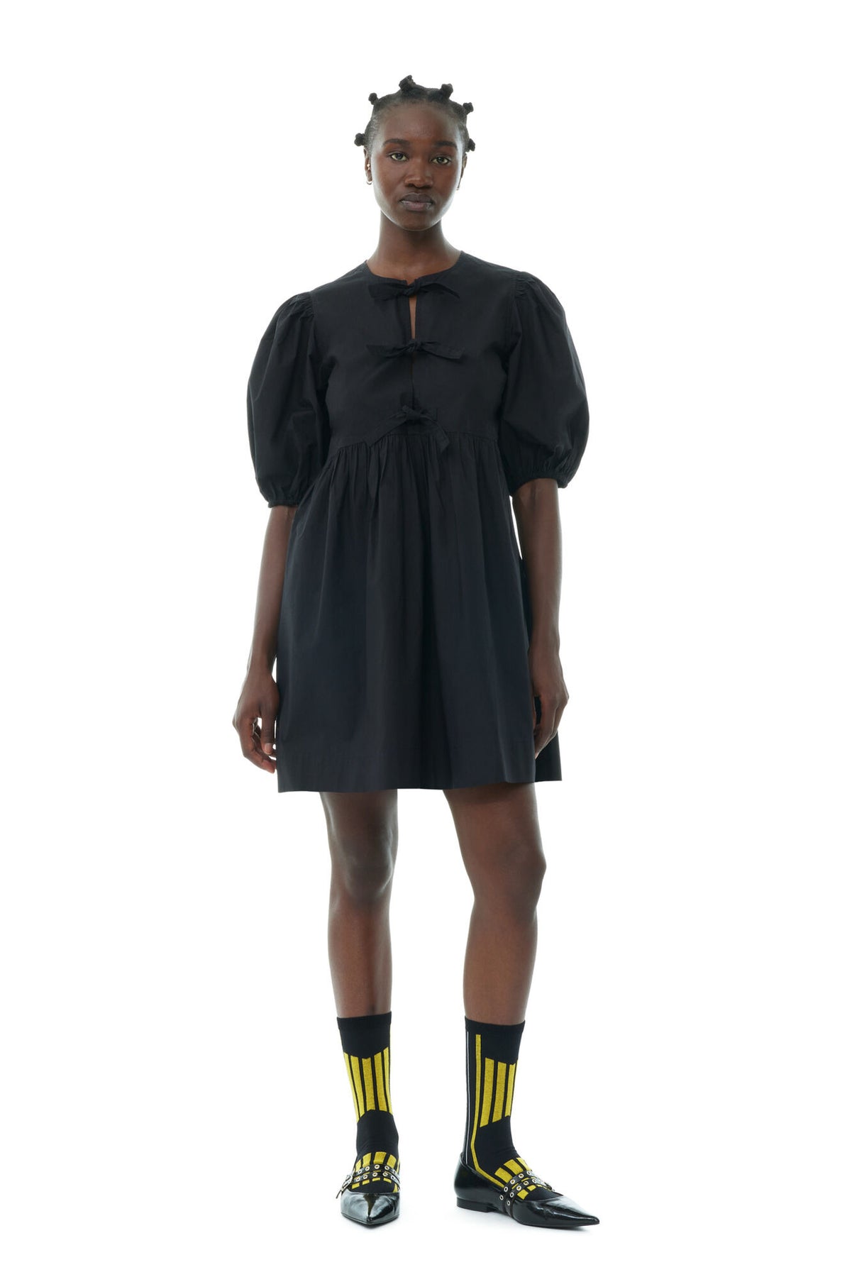 Cotton Poplin Tie String Mini Dress - Svart