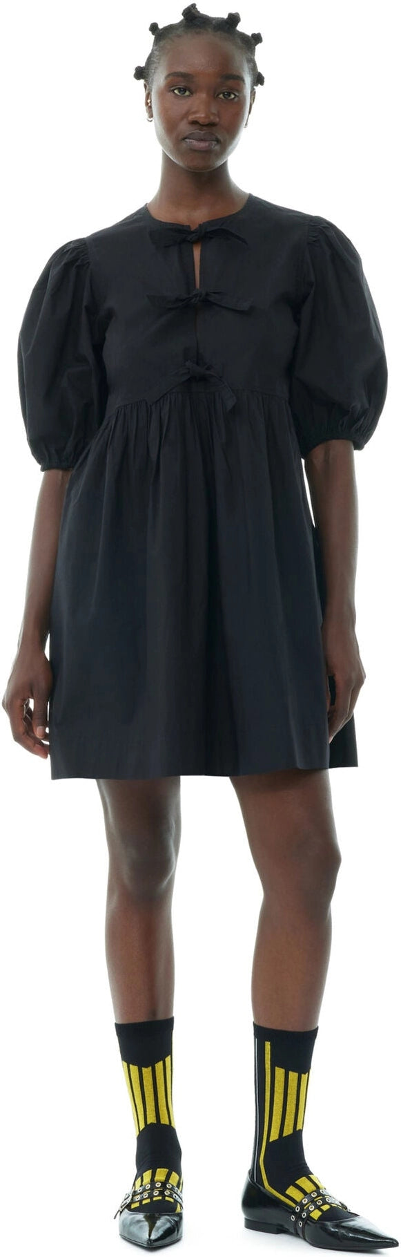 Cotton Poplin Tie String Mini Dress - Black