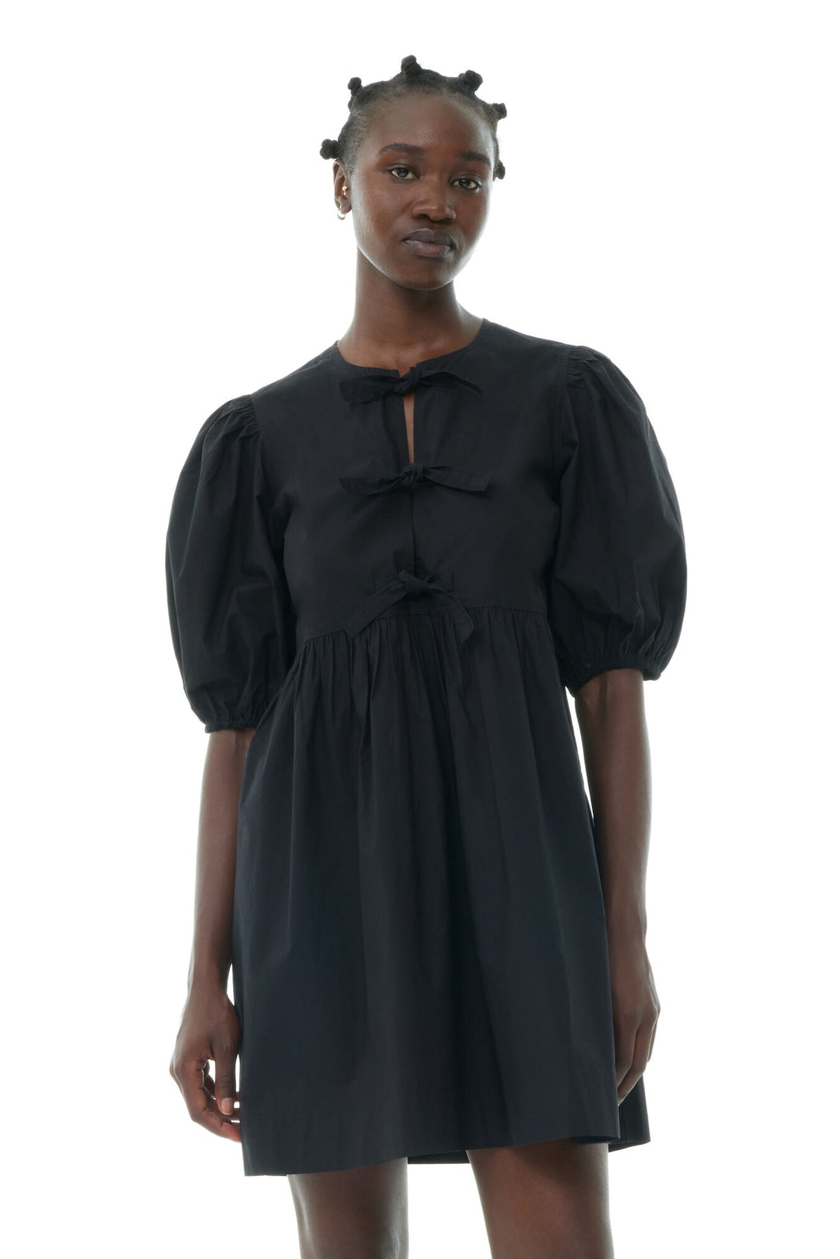 Cotton Poplin Tie String Mini Dress - Svart