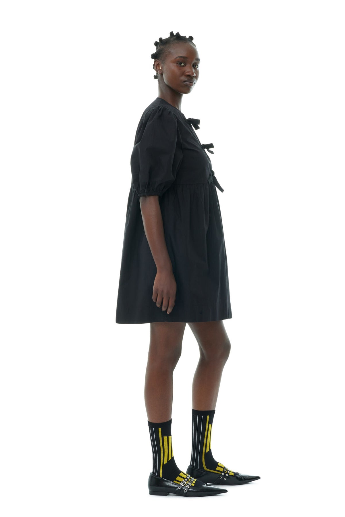 Cotton Poplin Tie String Mini Dress - Svart