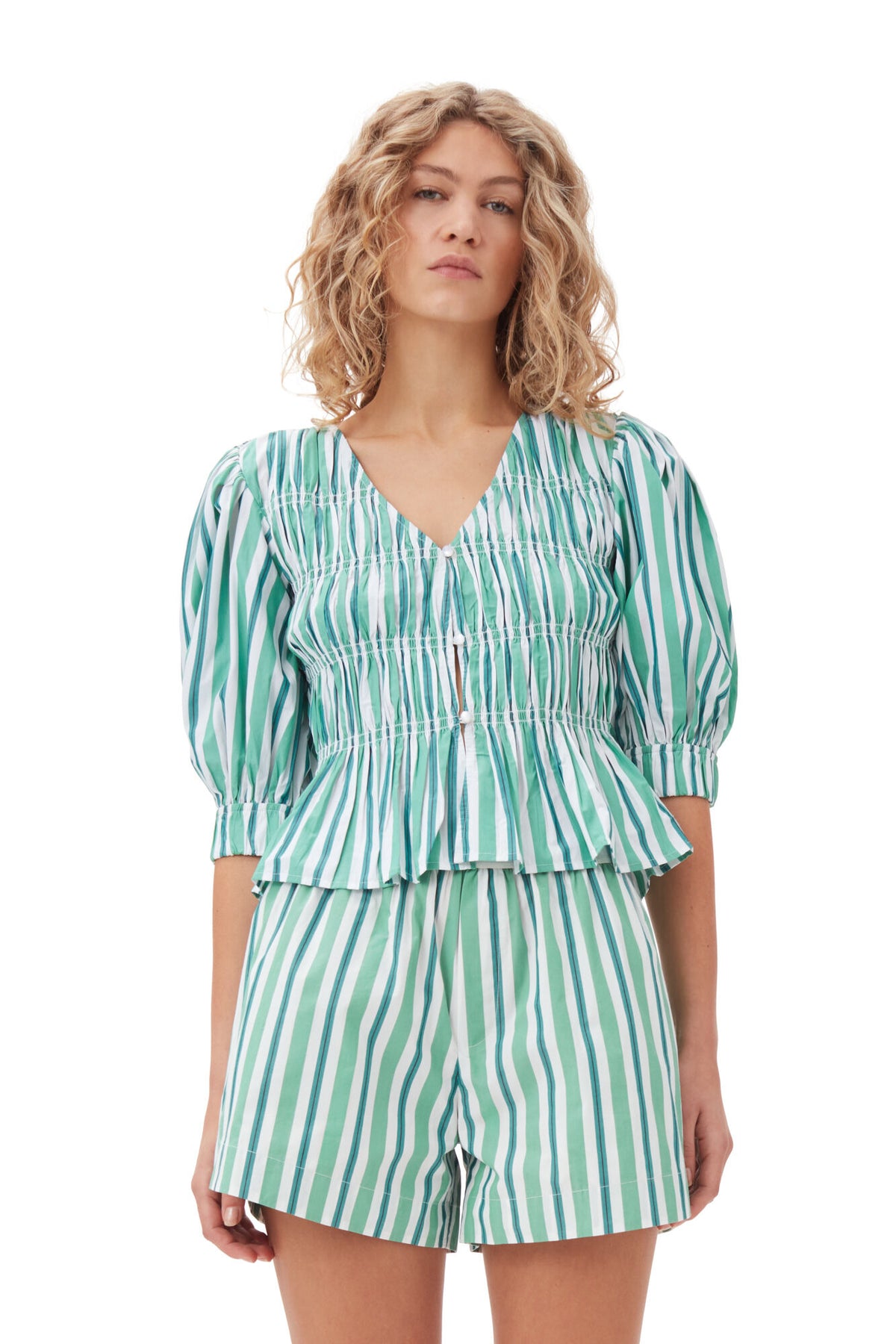 Stripe Cotton V-Neck Fitted Blouse - Creme De Menthe