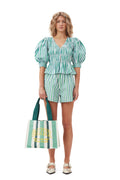 Stripe Cotton V-Neck Fitted Blouse - Creme De Menthe
