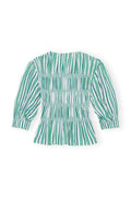 Stripe Cotton V-Neck Fitted Blouse - Creme De Menthe