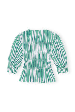 Stripe Cotton V-Neck Fitted Blouse - Creme De Menthe