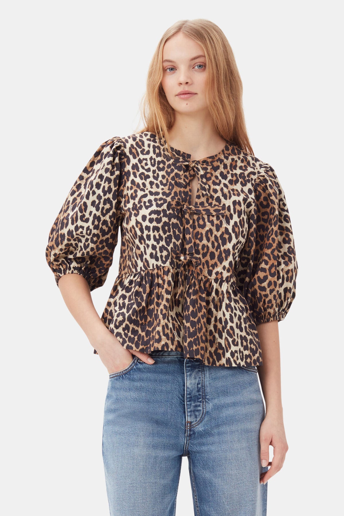 Printed Cotton Poplin Peplum Blus - Leopard