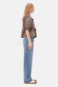 Printed Cotton Poplin Peplum Blus - Leopard