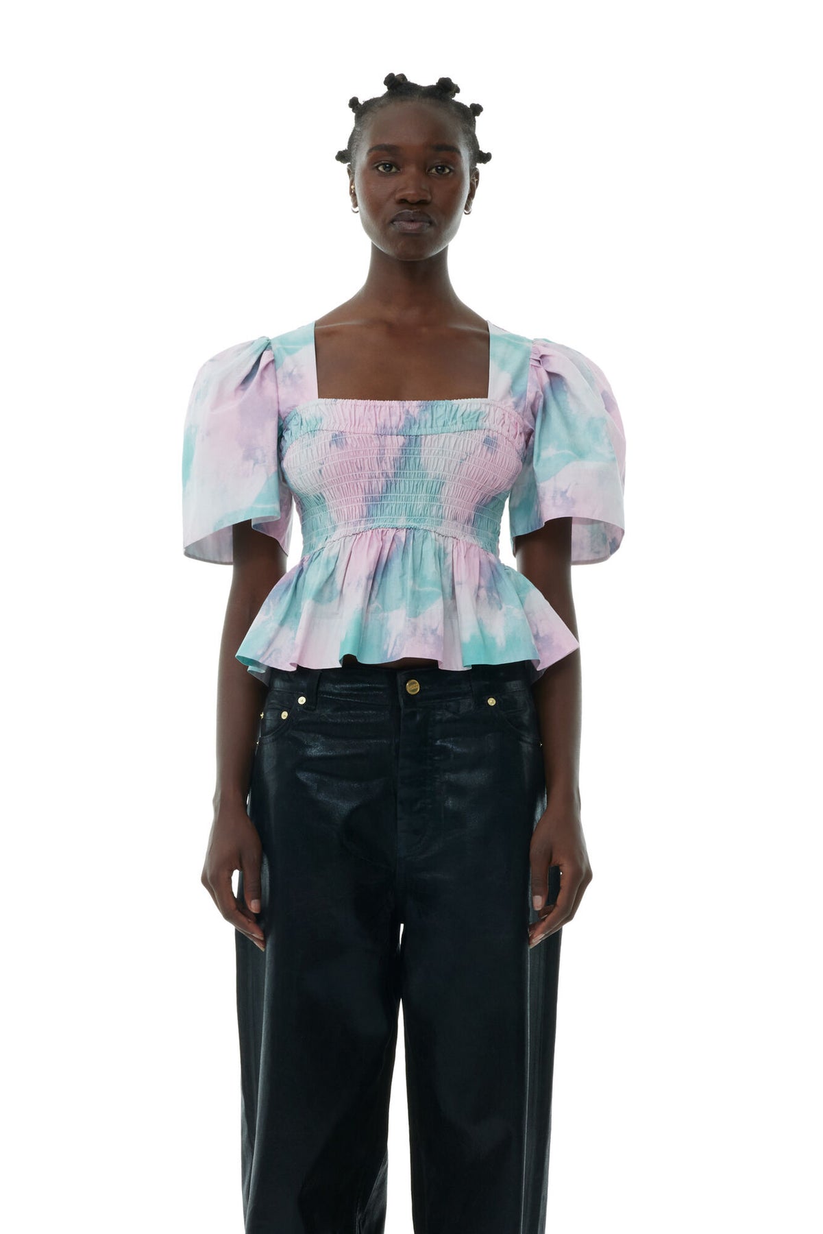 Printed Cotton Open-Neck Smock Blouse - Lilac Sachet