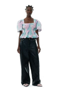 Printed Cotton Open-Neck Smock Blouse - Lilac Sachet