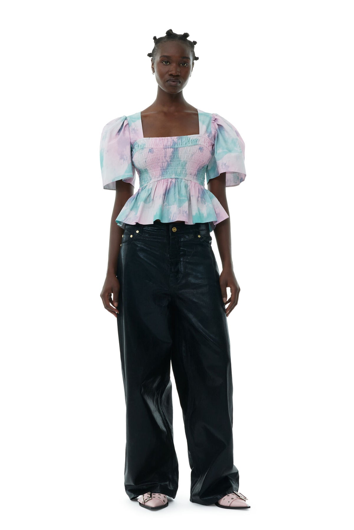 Printed Cotton Open-Neck Smock Blouse - Lilac Sachet