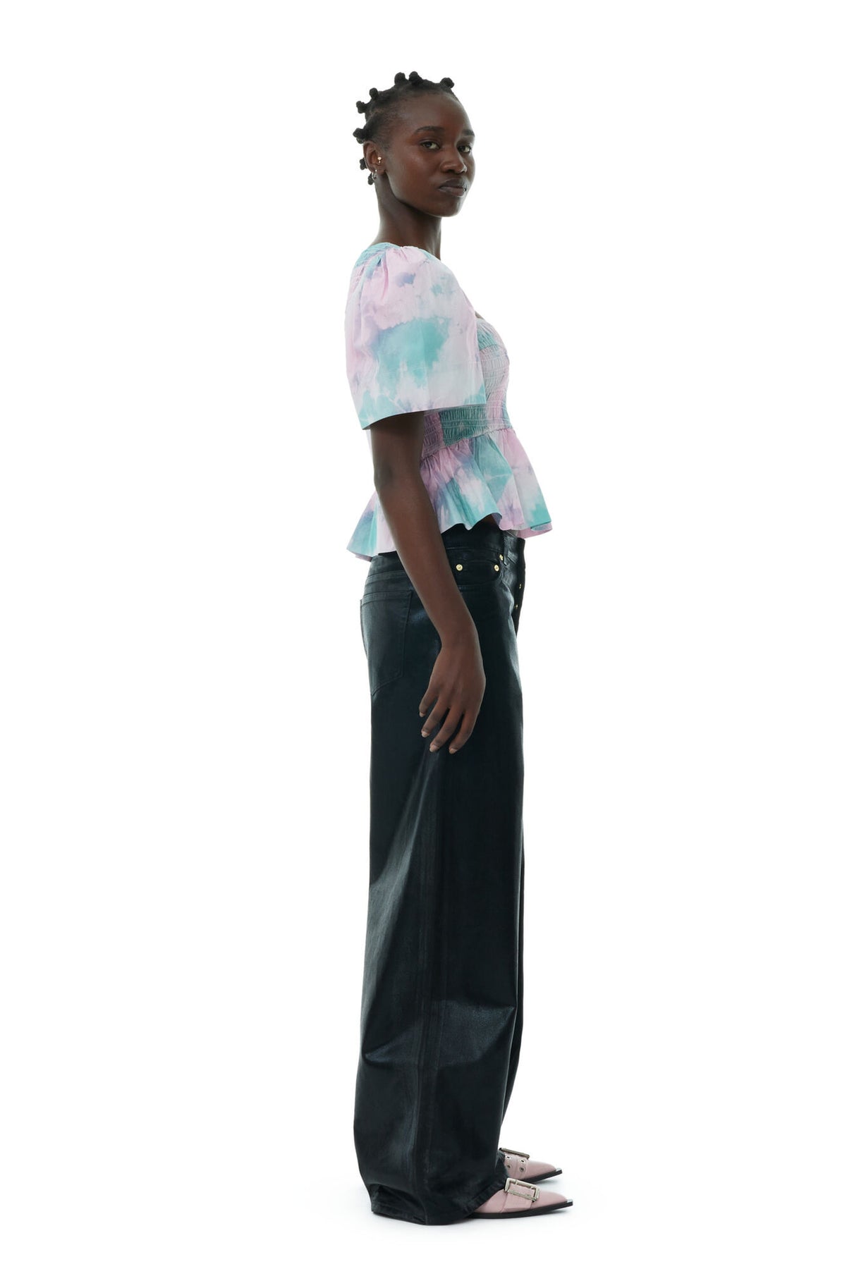 Printed Cotton Open-Neck Smock Blouse - Lilac Sachet