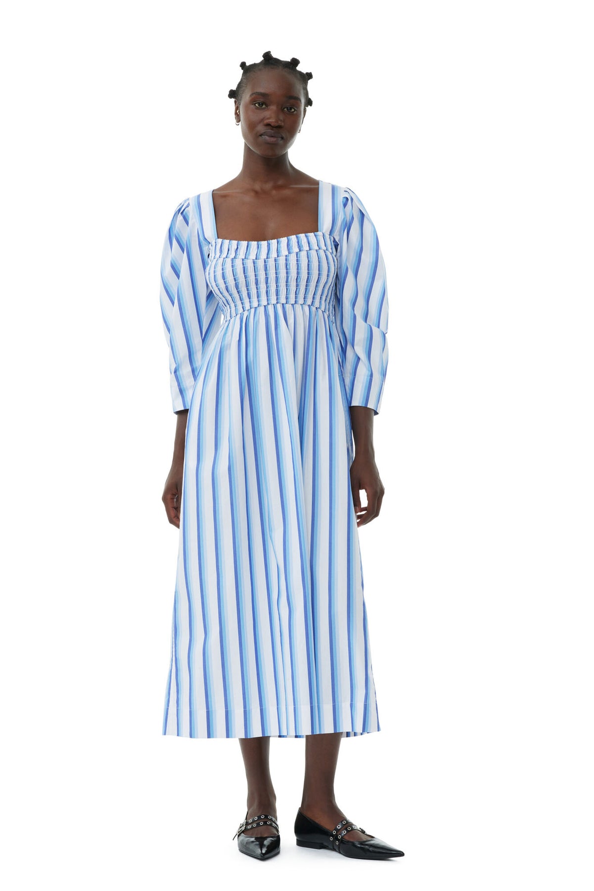Stripe Cotton Open-Neck Smock Long Dress - Silver Lake Blue
