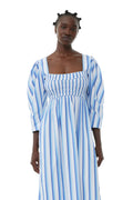 Stripe Cotton Open-Neck Smock Long Dress - Silver Lake Blue