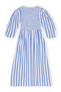 Stripe Cotton Open-Neck Smock Long Dress - Silver Lake Blue