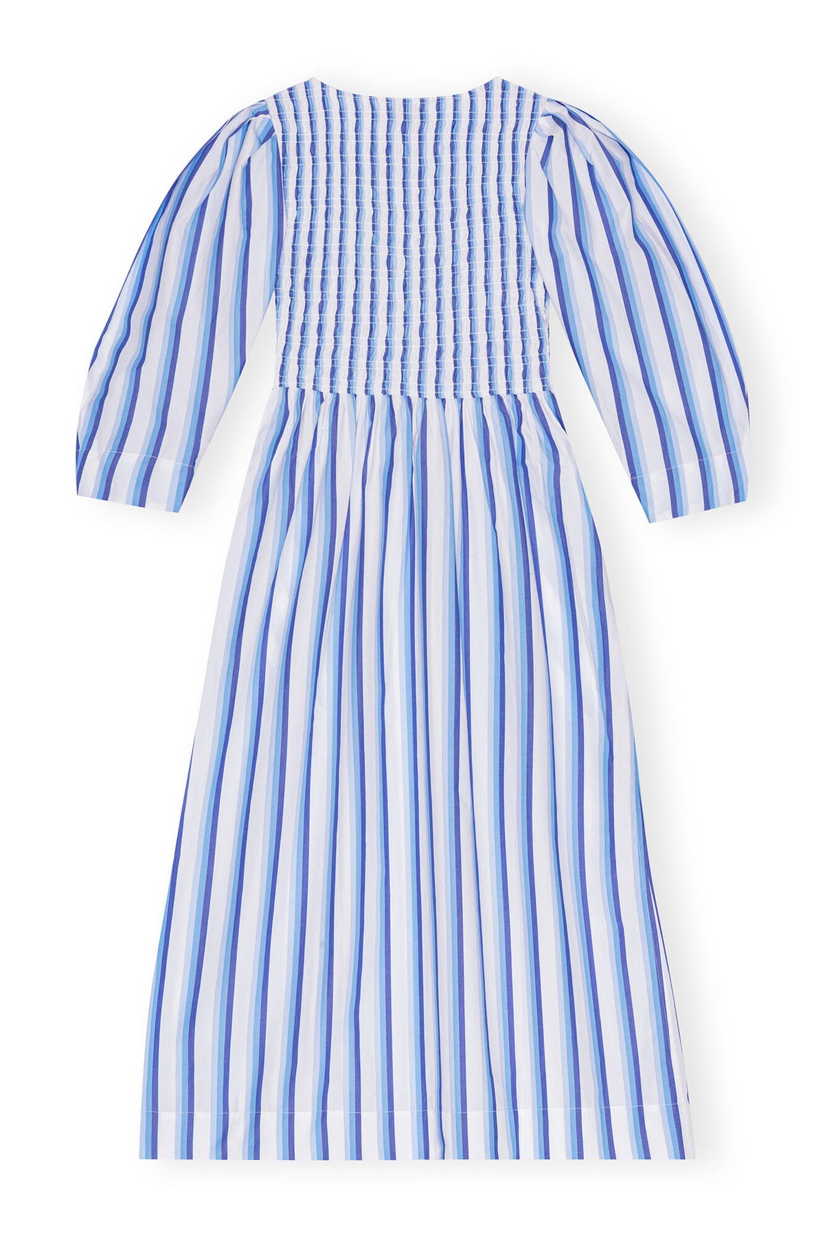 Stripe Cotton Open-Neck Smock Long Dress - Silver Lake Blue