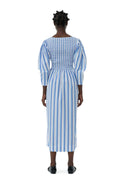 Stripe Cotton Open-Neck Smock Long Dress - Silver Lake Blue