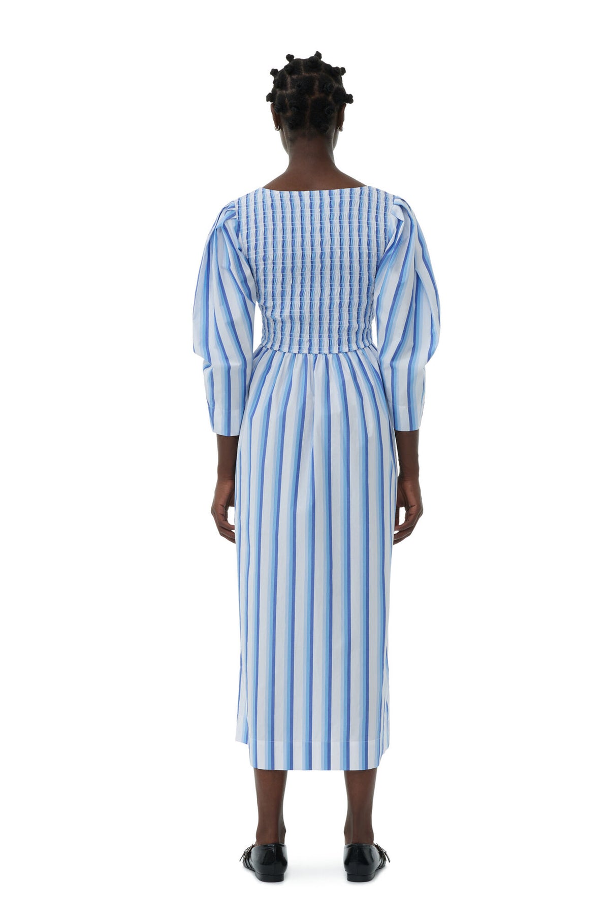 Stripe Cotton Open-Neck Smock Long Dress - Silver Lake Blue