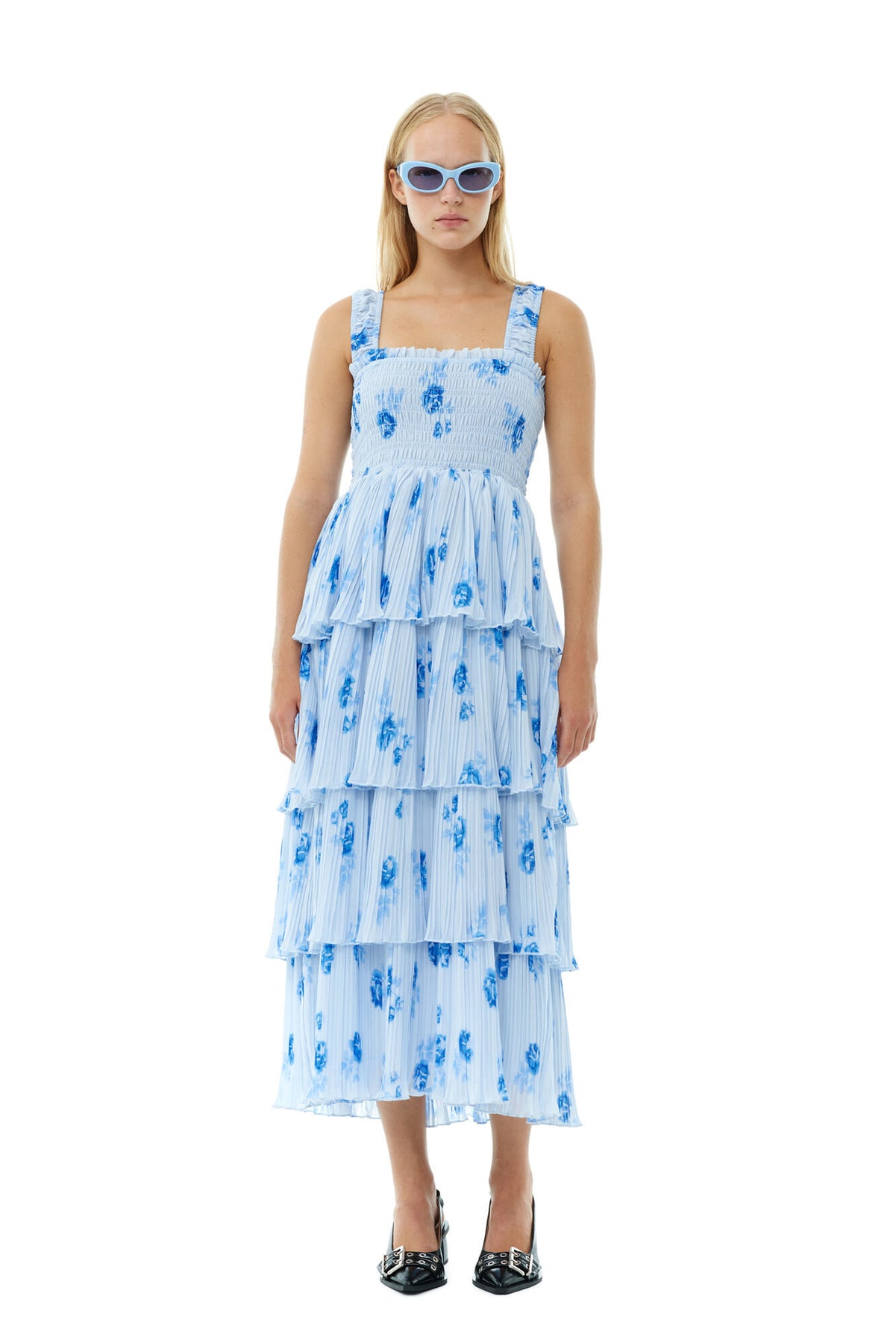 Pleated Georgette Smock Midi Strap Dress - Heather
