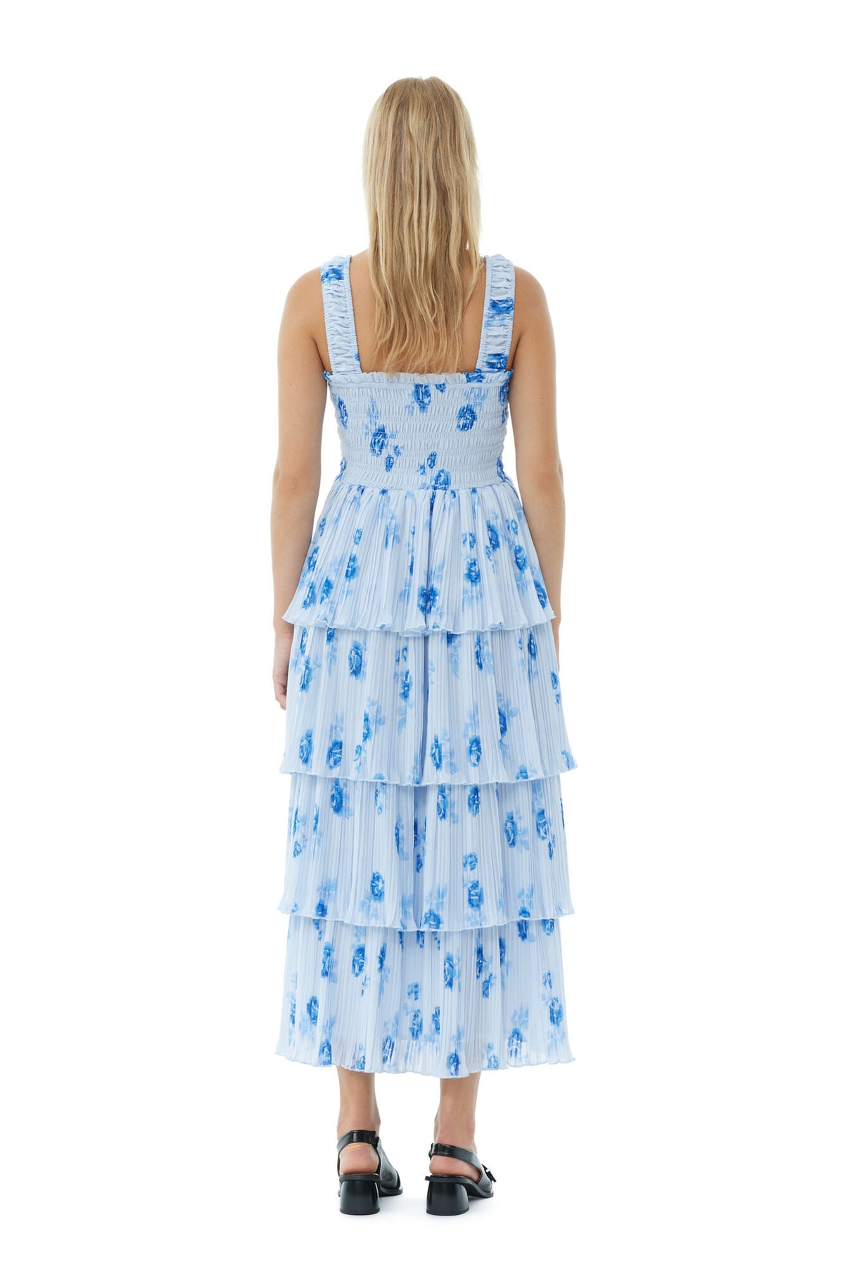 Pleated Georgette Smock Midi Strap Dress - Heather