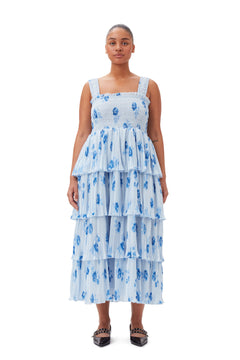 Pleated Georgette Smock Midi Strap Dress - Heather