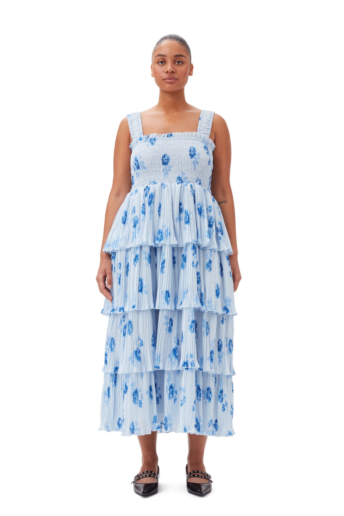 Pleated Georgette Smock Midi Strap Dress - Heather