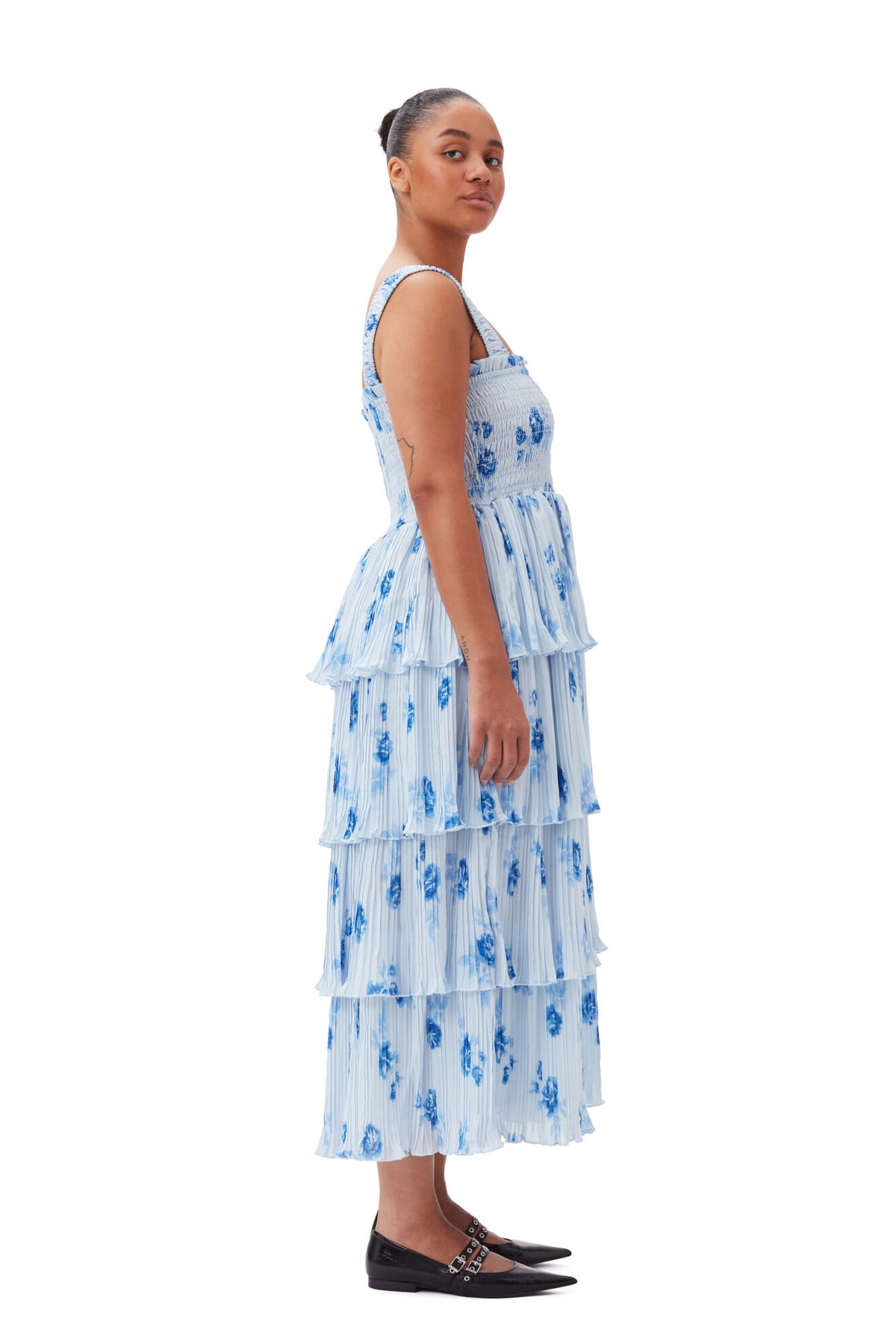 Pleated Georgette Smock Midi Strap Dress - Heather