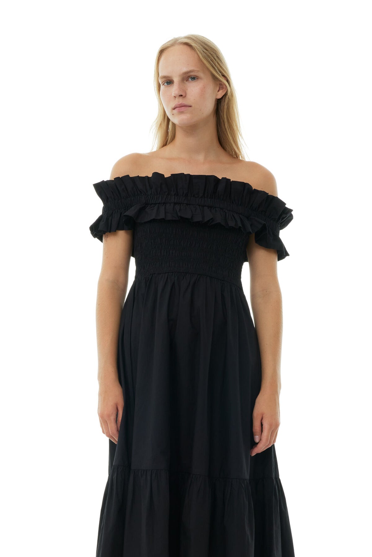 Cotton Poplin Long Smock Dress - Black