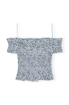 Printed Cotton Off-Shoulder Smock Top - Glacier Lake