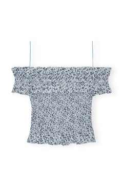 Printed Cotton Off-Shoulder Smock Top - Glacier Lake