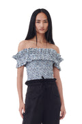 Printed Cotton Off-Shoulder Smock Top - Glacier Lake