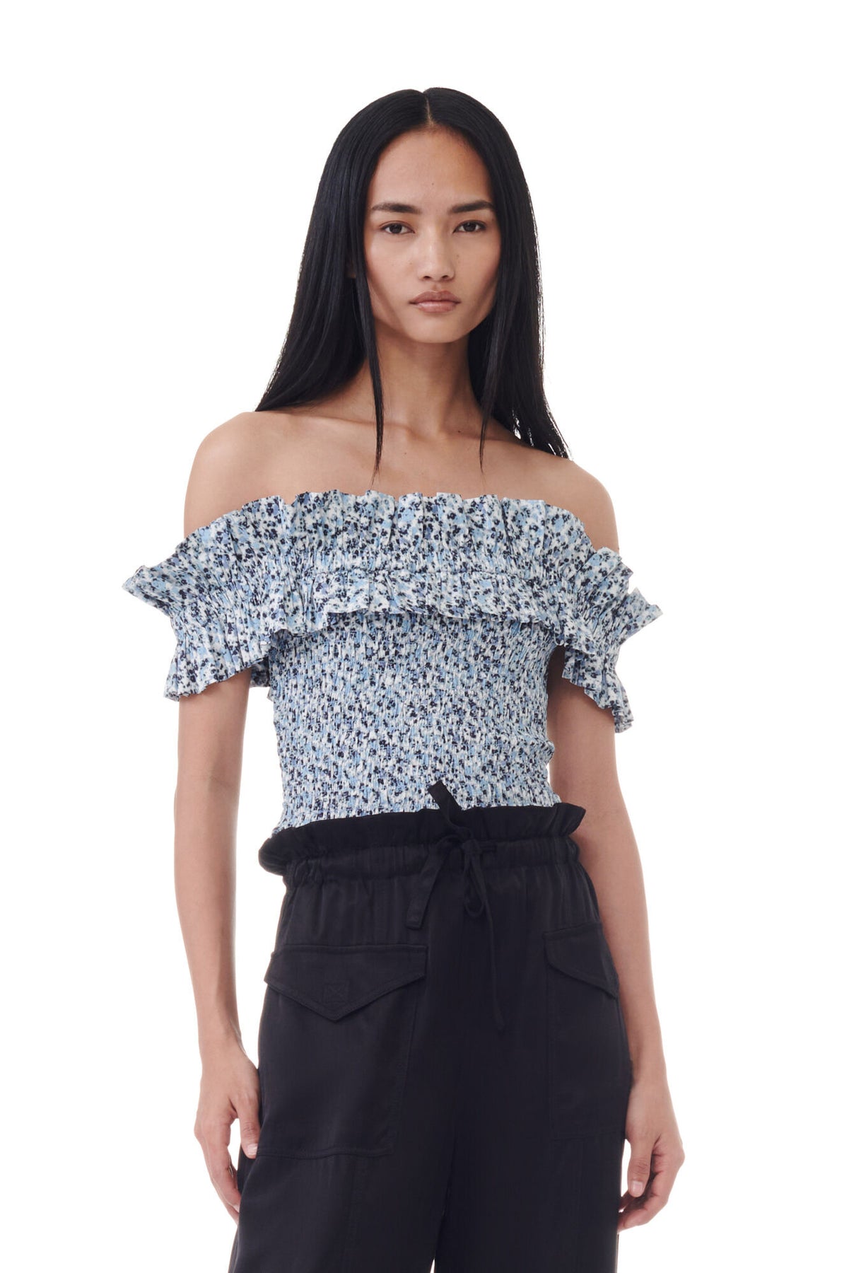 Printed Cotton Off-Shoulder Smock Top - Glacier Lake