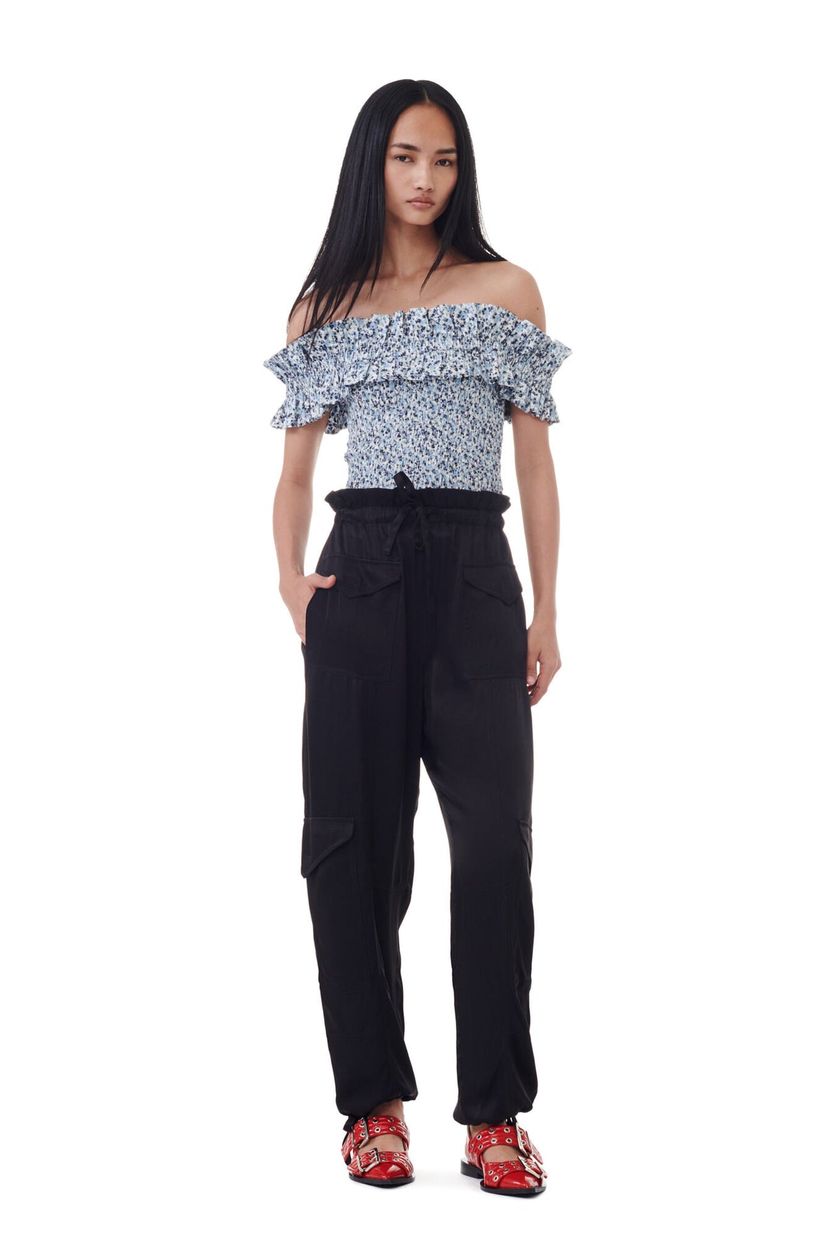 Printed Cotton Off-Shoulder Smock Top - Glacier Lake
