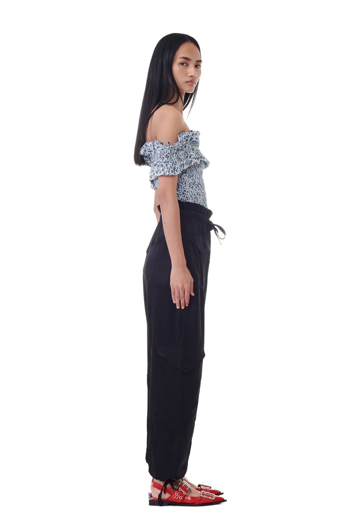 Printed Cotton Off-Shoulder Smock Top - Glacier Lake