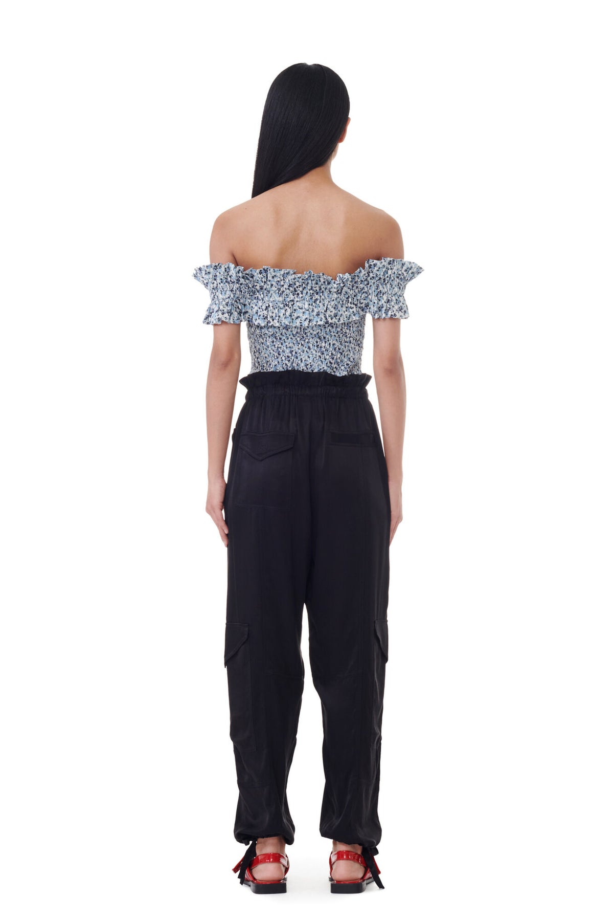 Printed Cotton Off-Shoulder Smock Top - Glacier Lake