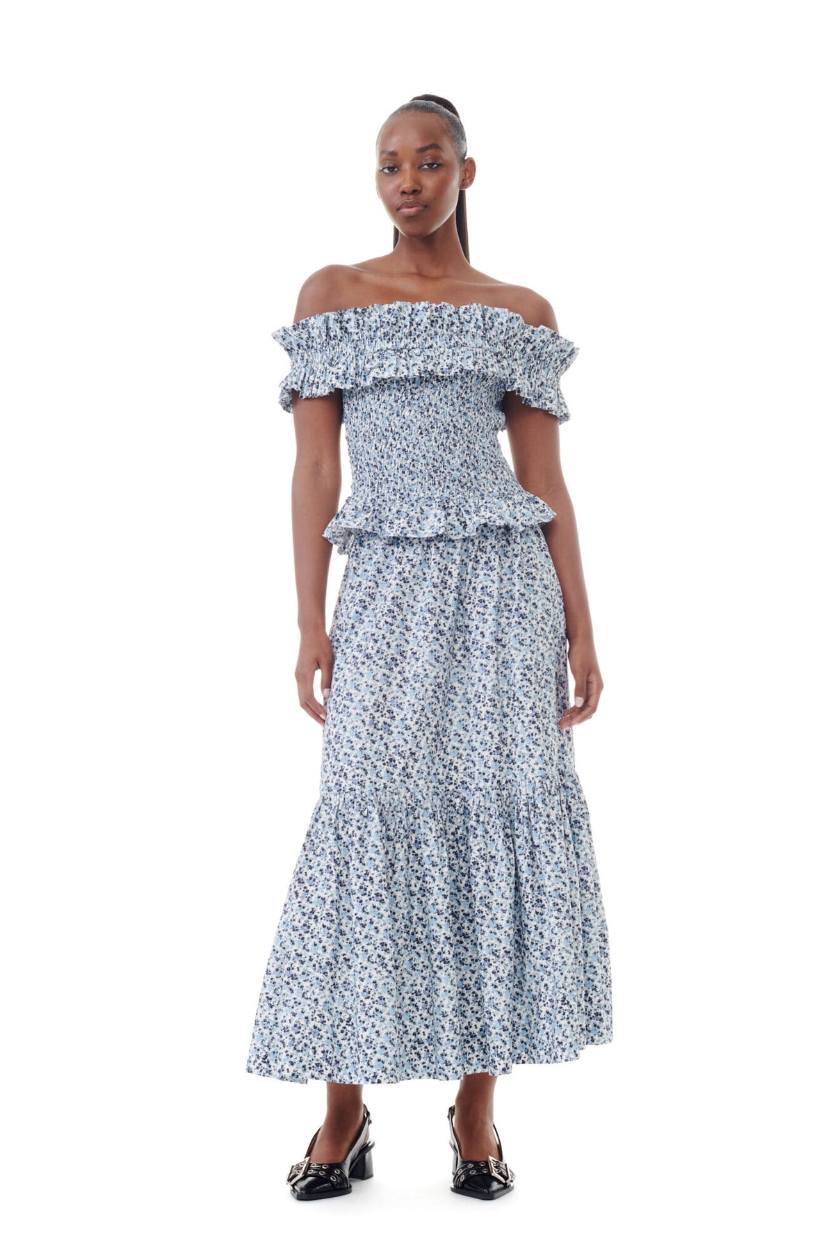 Printed Cotton Maxi Flounce Skirt - Glacier Blue