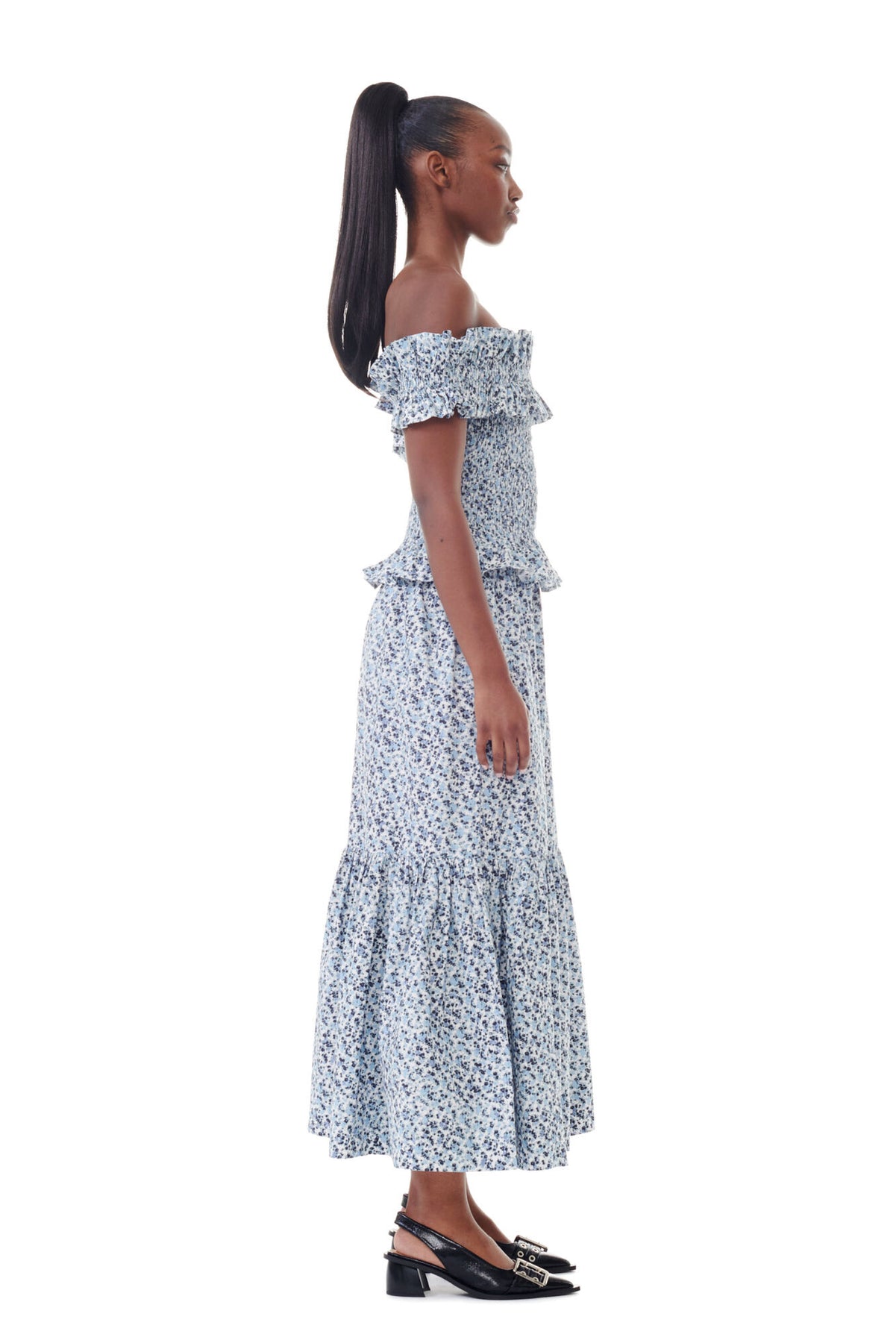 Printed Cotton Maxi Flounce Skirt - Glacier Blue