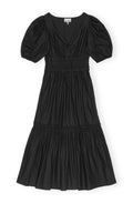 Cotton Poplin Long Smock Dress Pouf Sleeve - Black