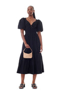 Cotton Poplin Long Smock Dress Pouf Sleeve - Black
