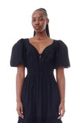 Cotton Poplin Long Smock Dress Pouf Sleeve - Black